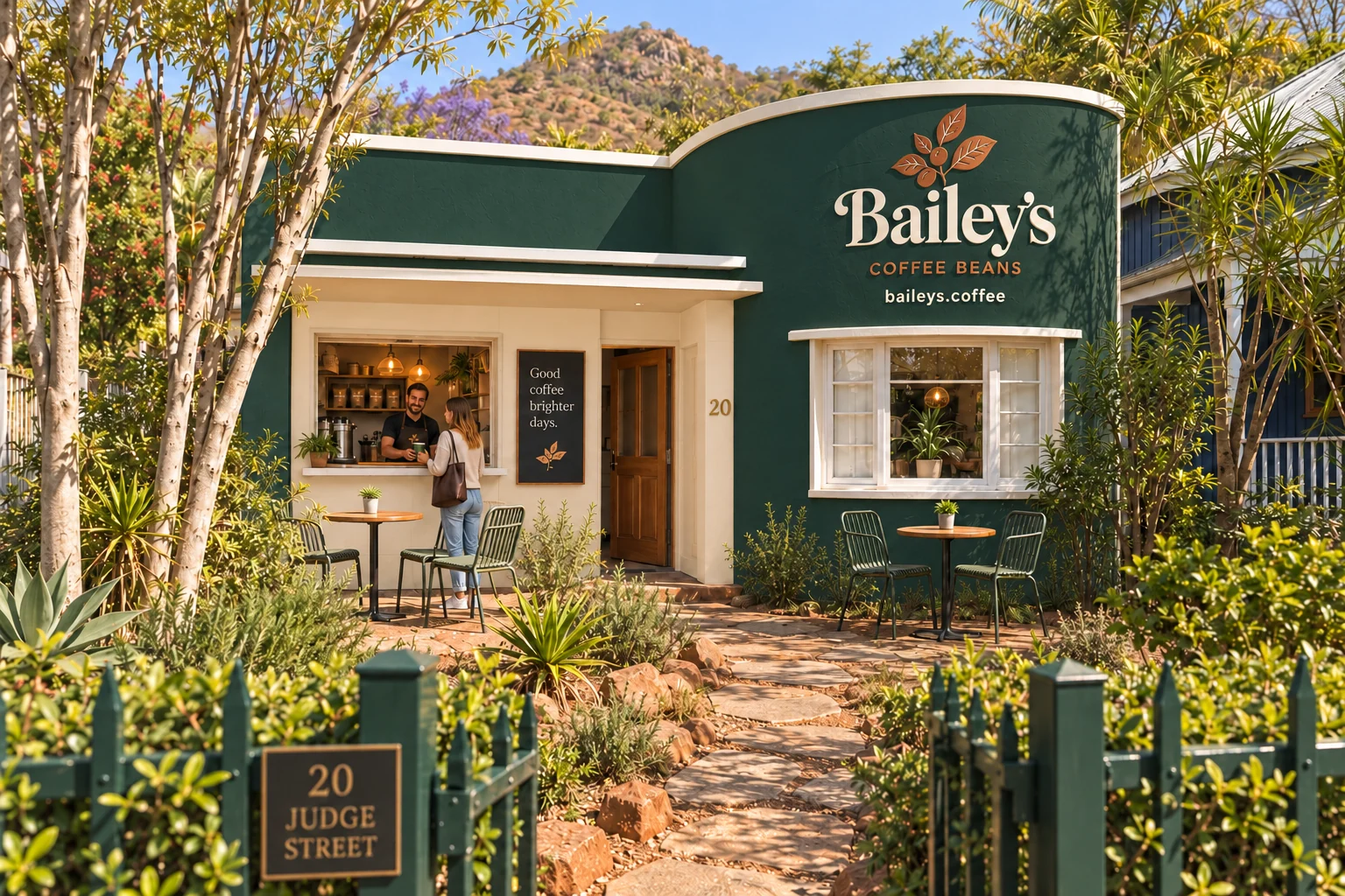 Proposed Bailey’s Coffee Beans courtyard at 20 Judge Street, with a forest green façade, cream entrance, and intimate garden seating.